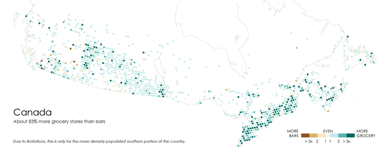 Illustration for article titled Maps of Where Bars Outnumber Grocery Stores